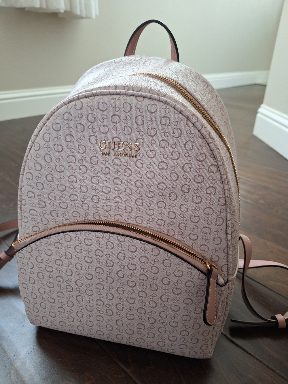 Guess Pink Monogram Mini Backpack with Gold Hardware